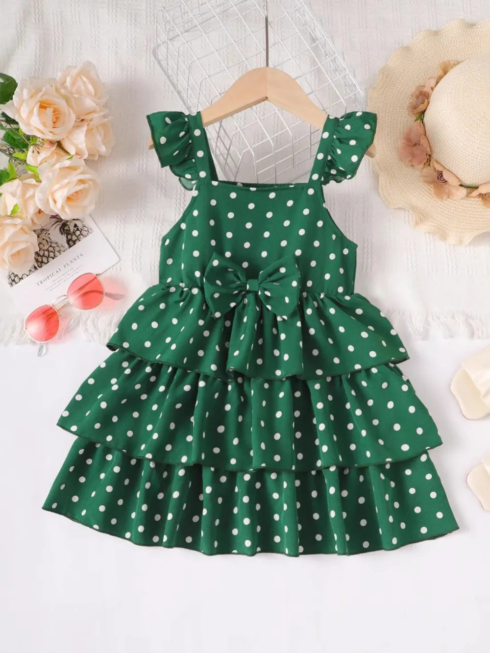 Bow Polka Dot Square Neck Layered Dress Dark Green - Fashorio