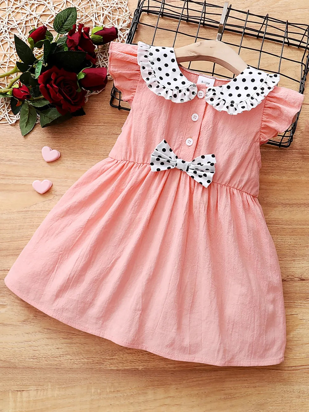 Children's Bow Peter Pan Collar Ruffle Sleeve Dress Watermelon pink - Fashorio