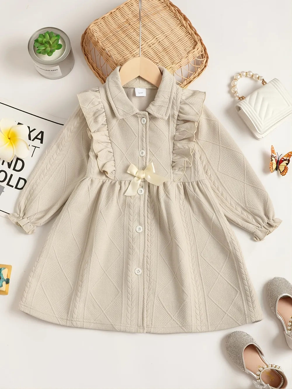 Children's Ruffled Bow Collared Neck Dress - Fashorio