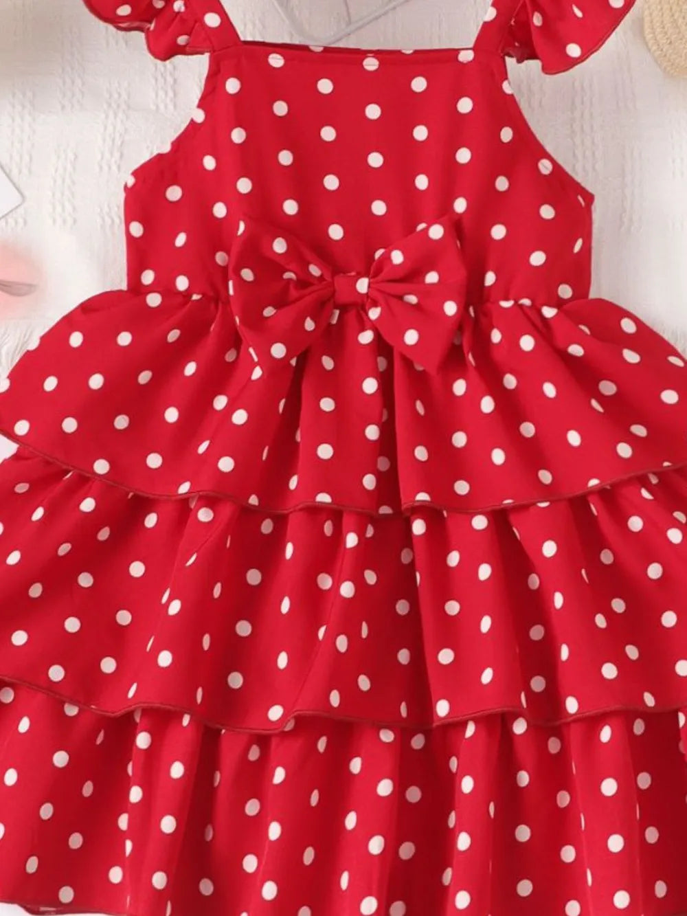 Bow Polka Dot Square Neck Layered Dress - Fashorio
