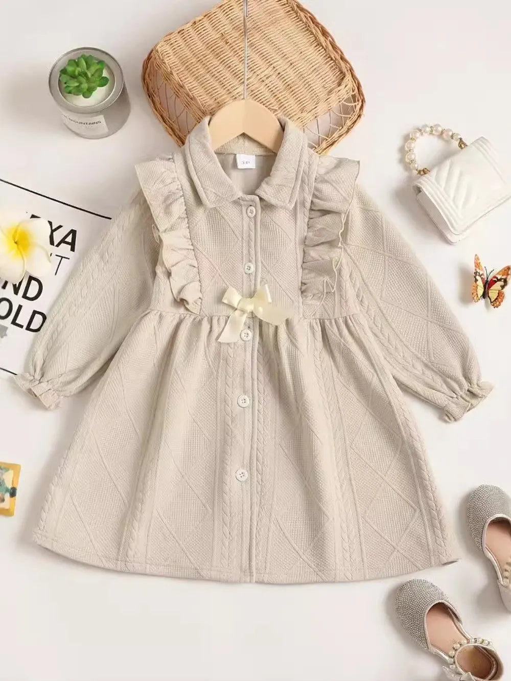 Children's Ruffled Bow Collared Neck Dress Beige - Fashorio
