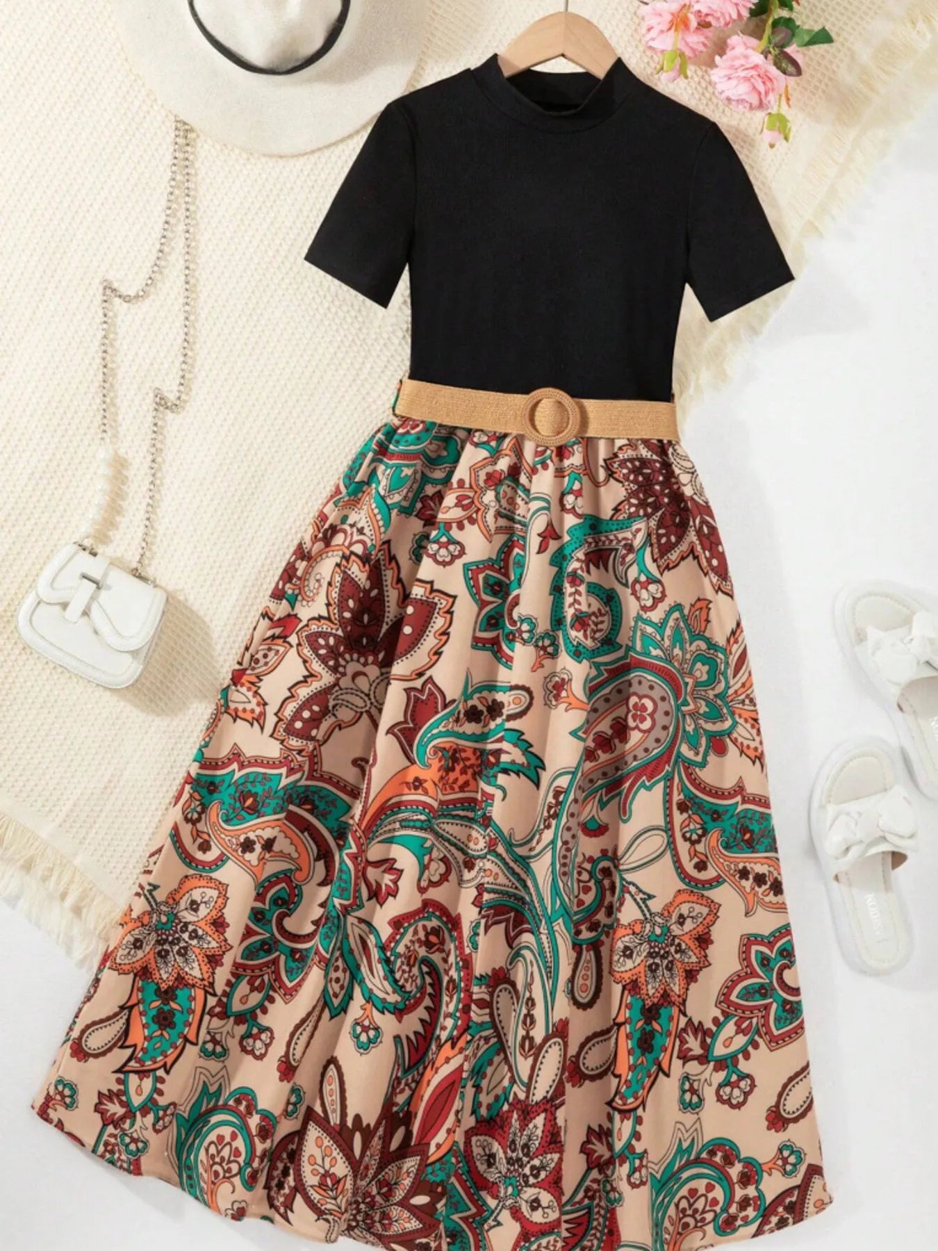 Children's Printed Short Sleeve Dress Tan - Fashorio