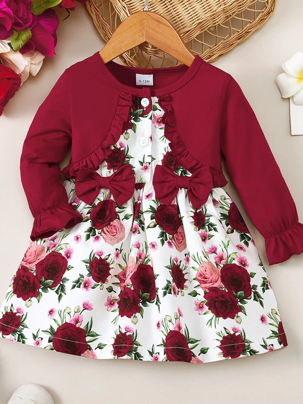 Frill Floral Round Neck Flounce Sleeve Dress Deep Red - Fashorio