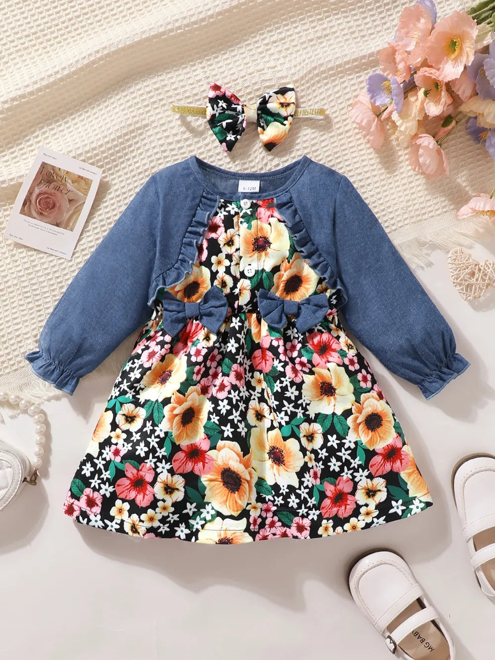 Children's Ruffled Bow Contrast Floral Dress with Headband Floral - Fashorio